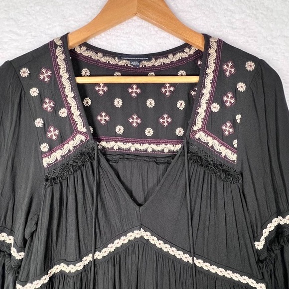 Boho Peasant Dress Embroidered Tassel Tiered Festival Balloon Sleeve L - Picture 3 of 11